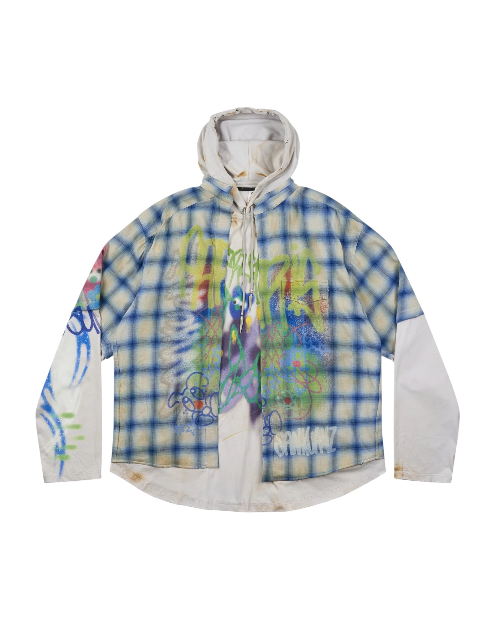 Sankuanz Bumpy Graffiti Print Layered Plaid Hooded Sweatshirt Navy 