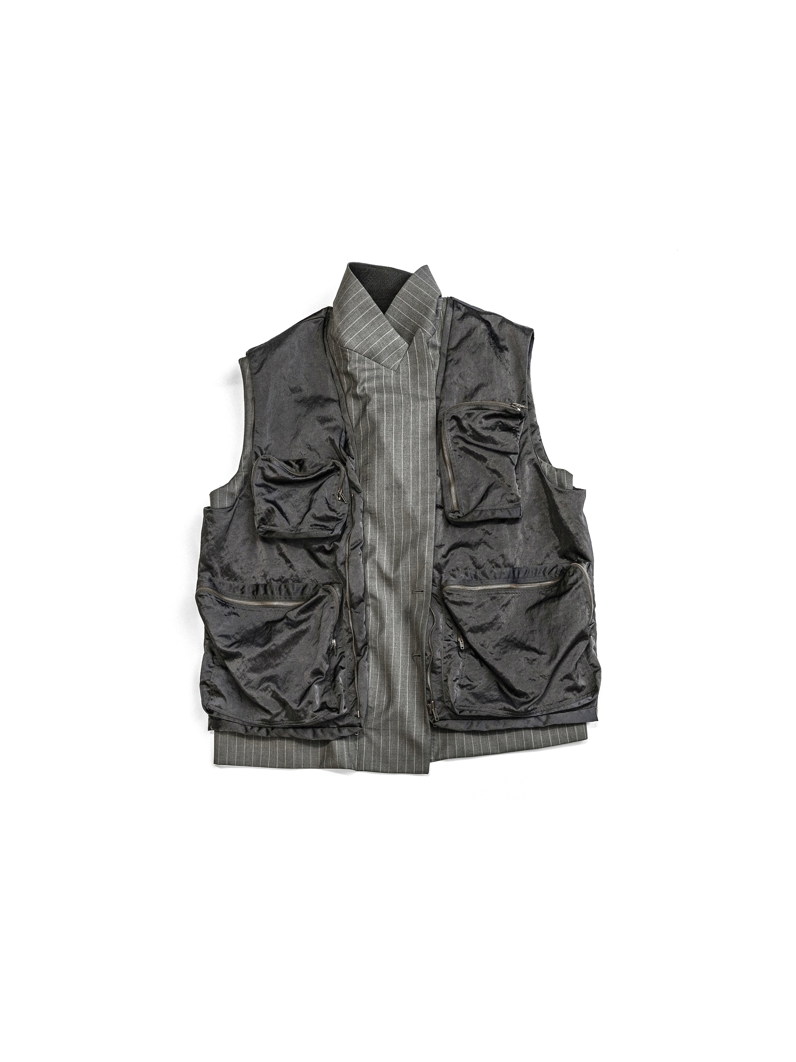 Hed Mayner Sleeveless Double Breasted Blazer Dark Grey Pinstripe