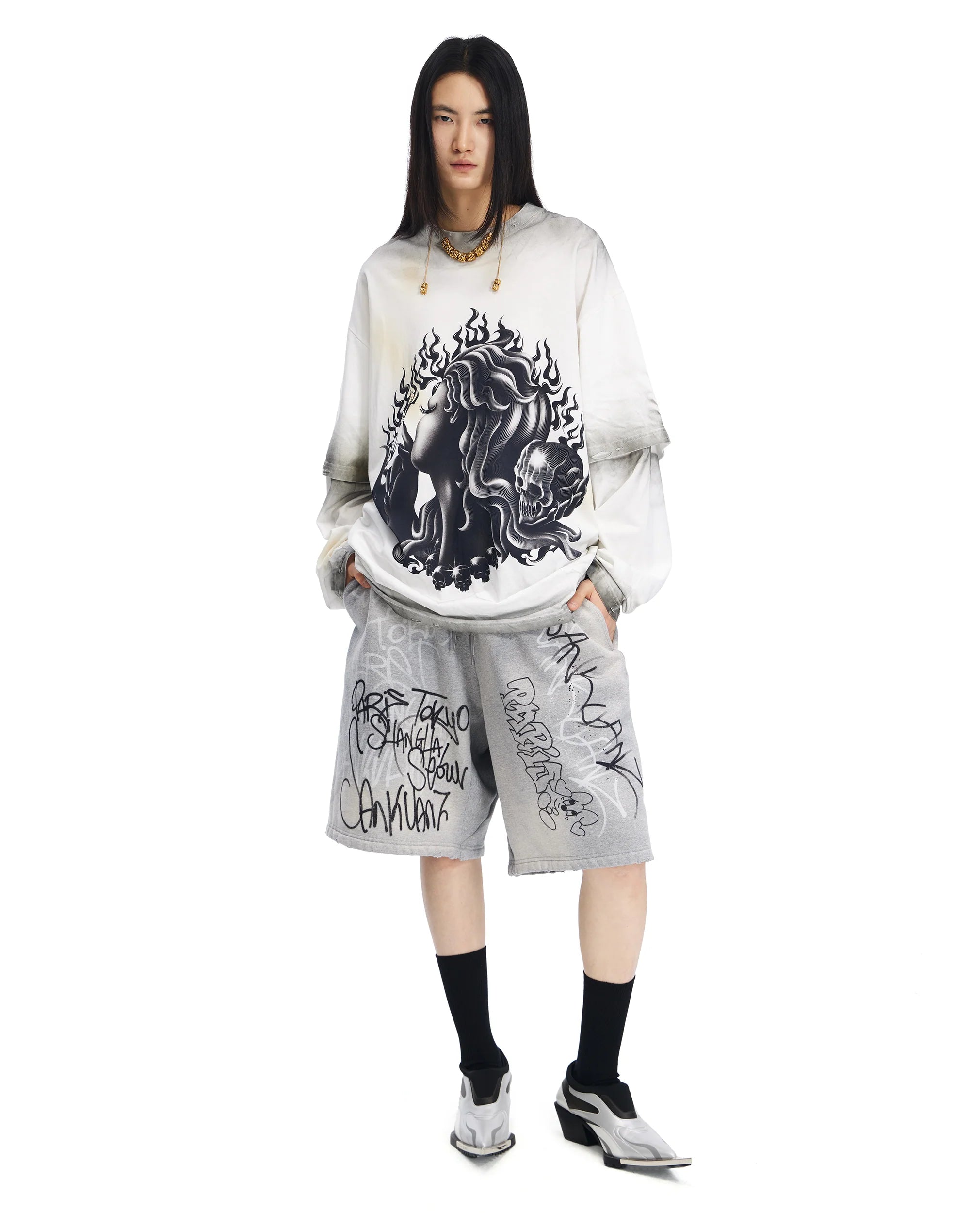 Sankuanz Bumpy Grafiti Print Relaxed Shorts Grey