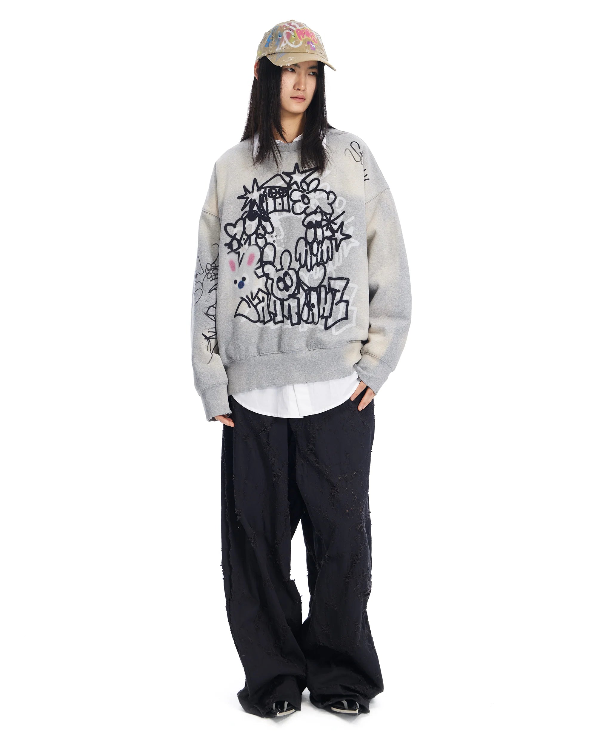 Sankuanz Bumpy Graffiti Print Bleached Crewneck Grey