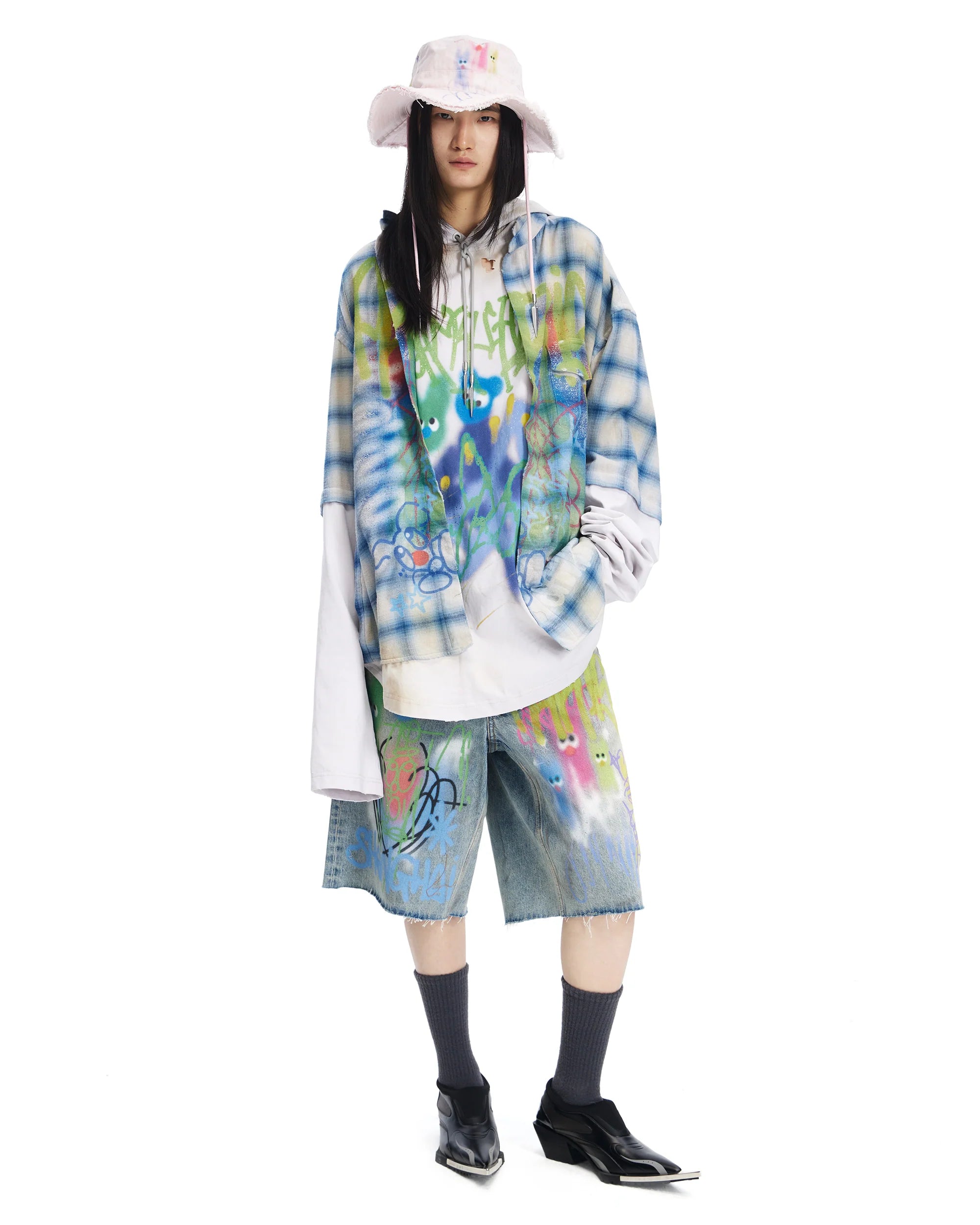 Sankuanz Bumpy Graffiti Print Layered Plaid Hooded Sweatshirt Navy