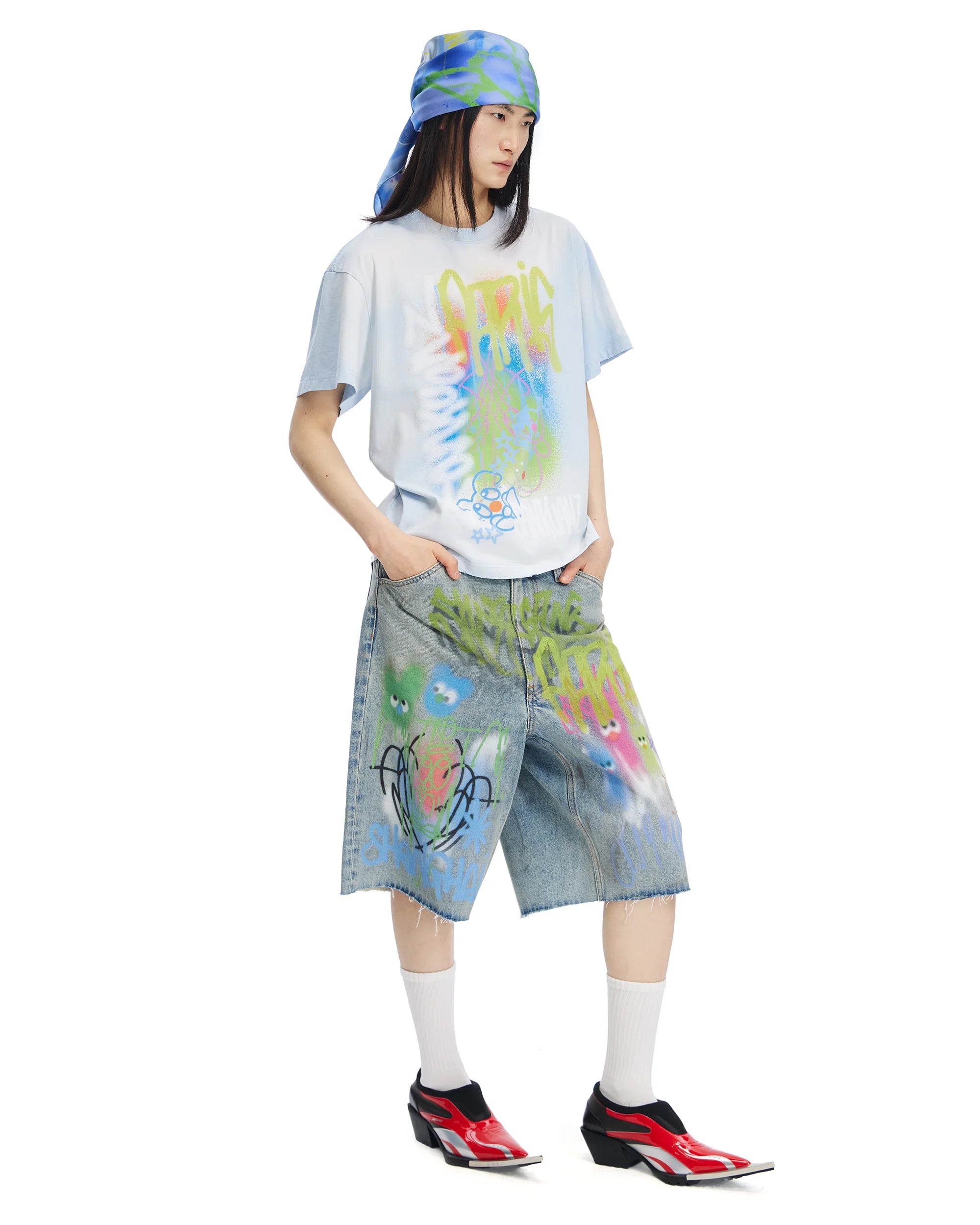 Sankuanz Bumpy Graffiti Print Washed Denim Shorts Navy
