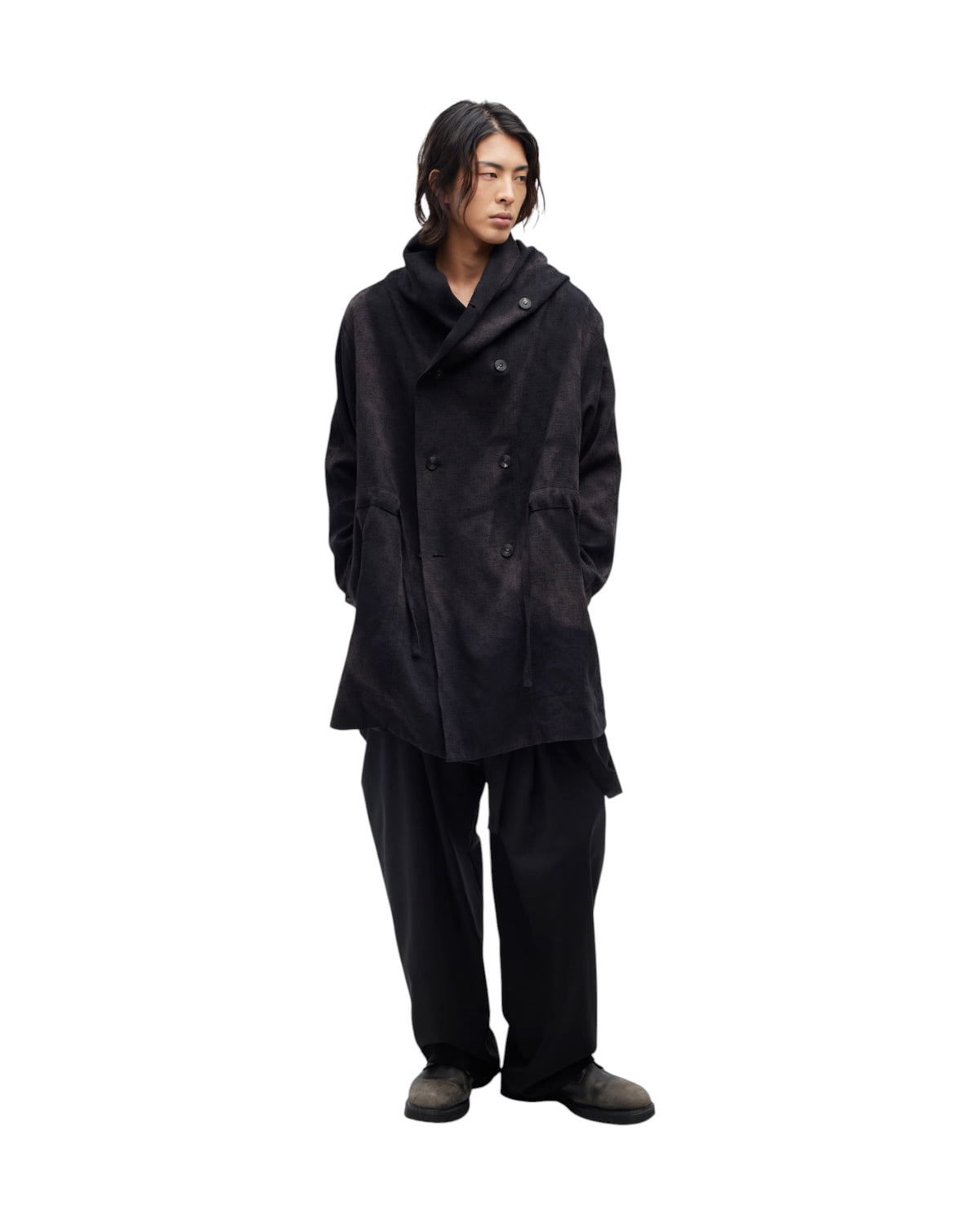 Jiyong Kim Sun-Bleached Double-Breasted Hooded Coat Black