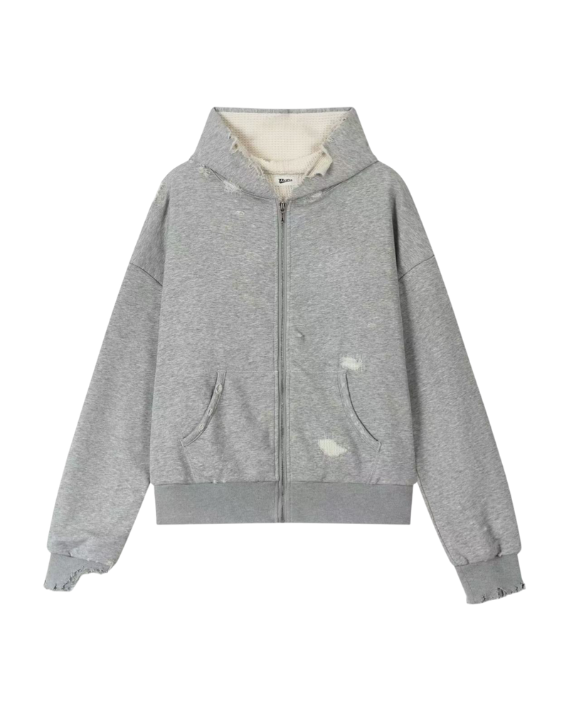 DRIFTA "Peer Mentor" Distressed Zip-up Hoodie Grey