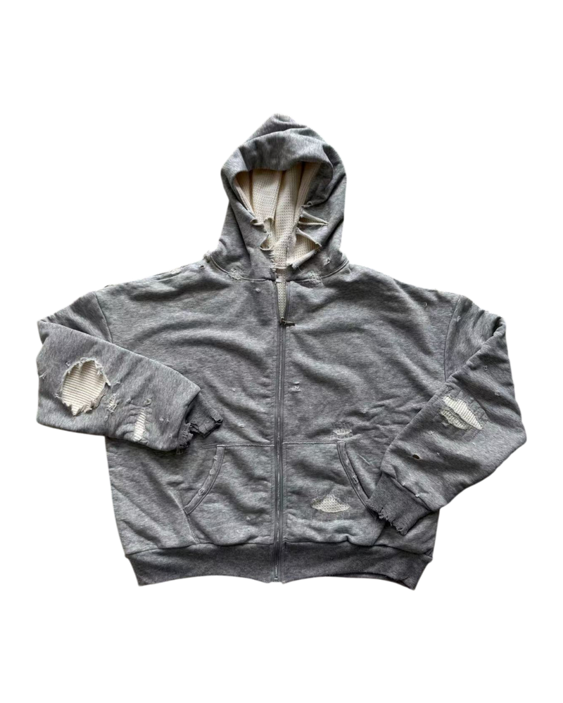 DRIFTA "Peer Mentor" Distressed Zip-up Hoodie Grey