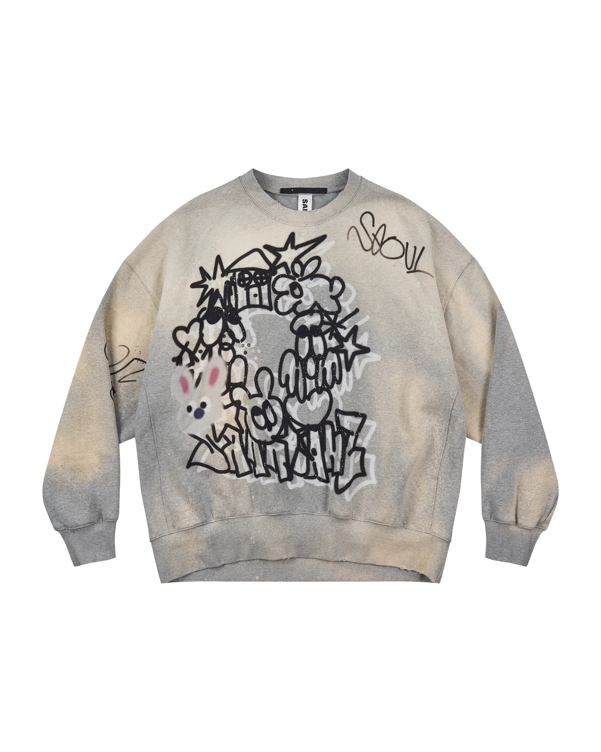 Sankuanz Bumpy Graffiti Print Bleached Crewneck Grey