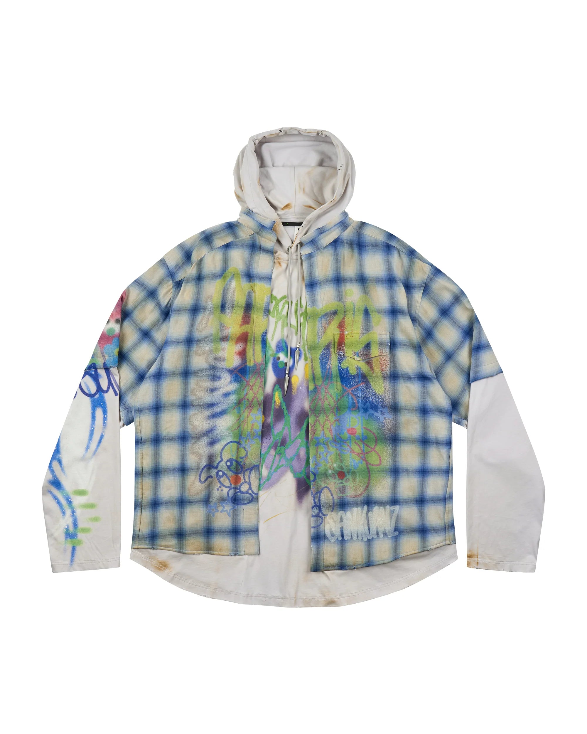 Sankuanz Bumpy Graffiti Print Layered Plaid Hooded Sweatshirt Navy