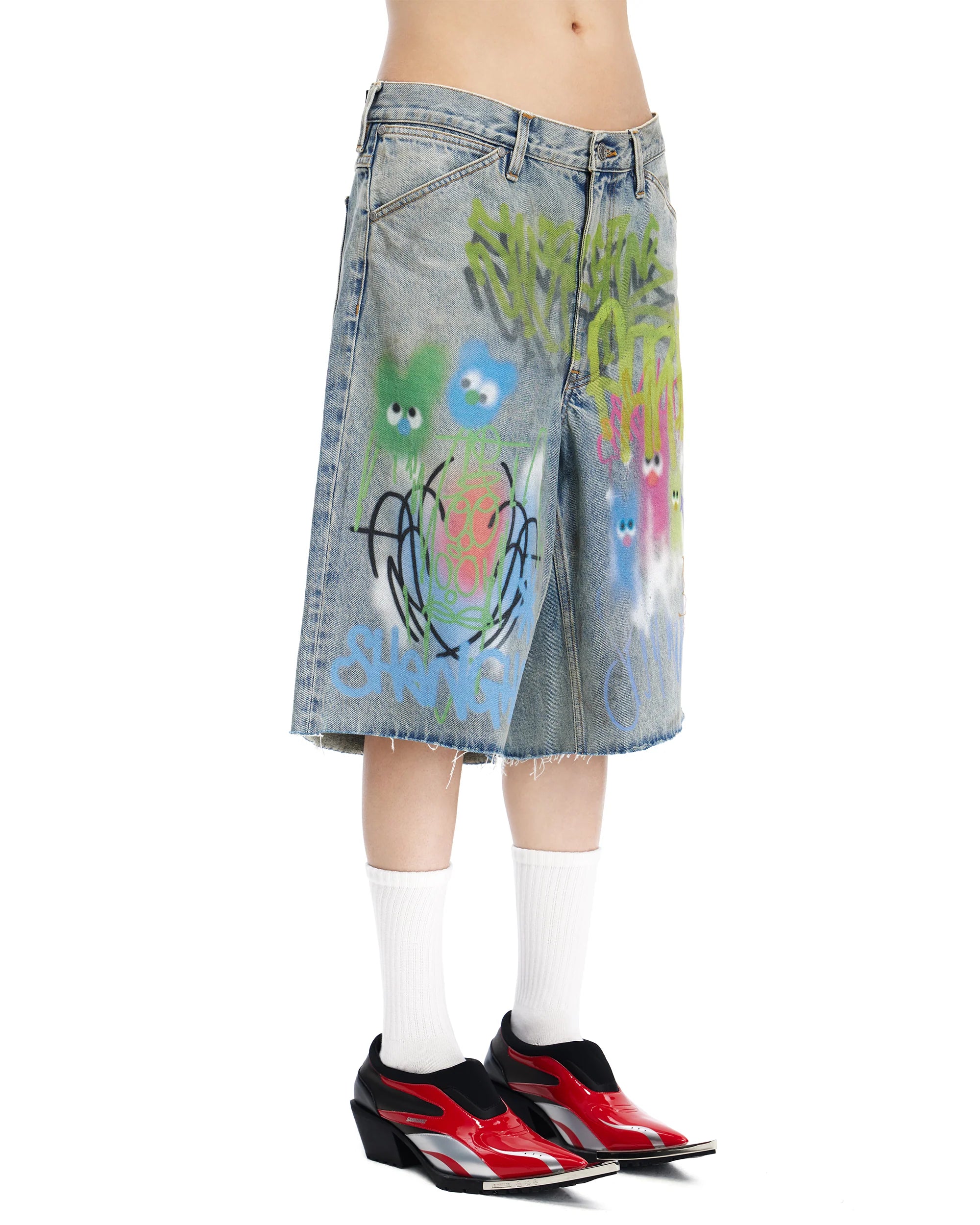 Sankuanz Bumpy Graffiti Print Washed Denim Shorts Navy