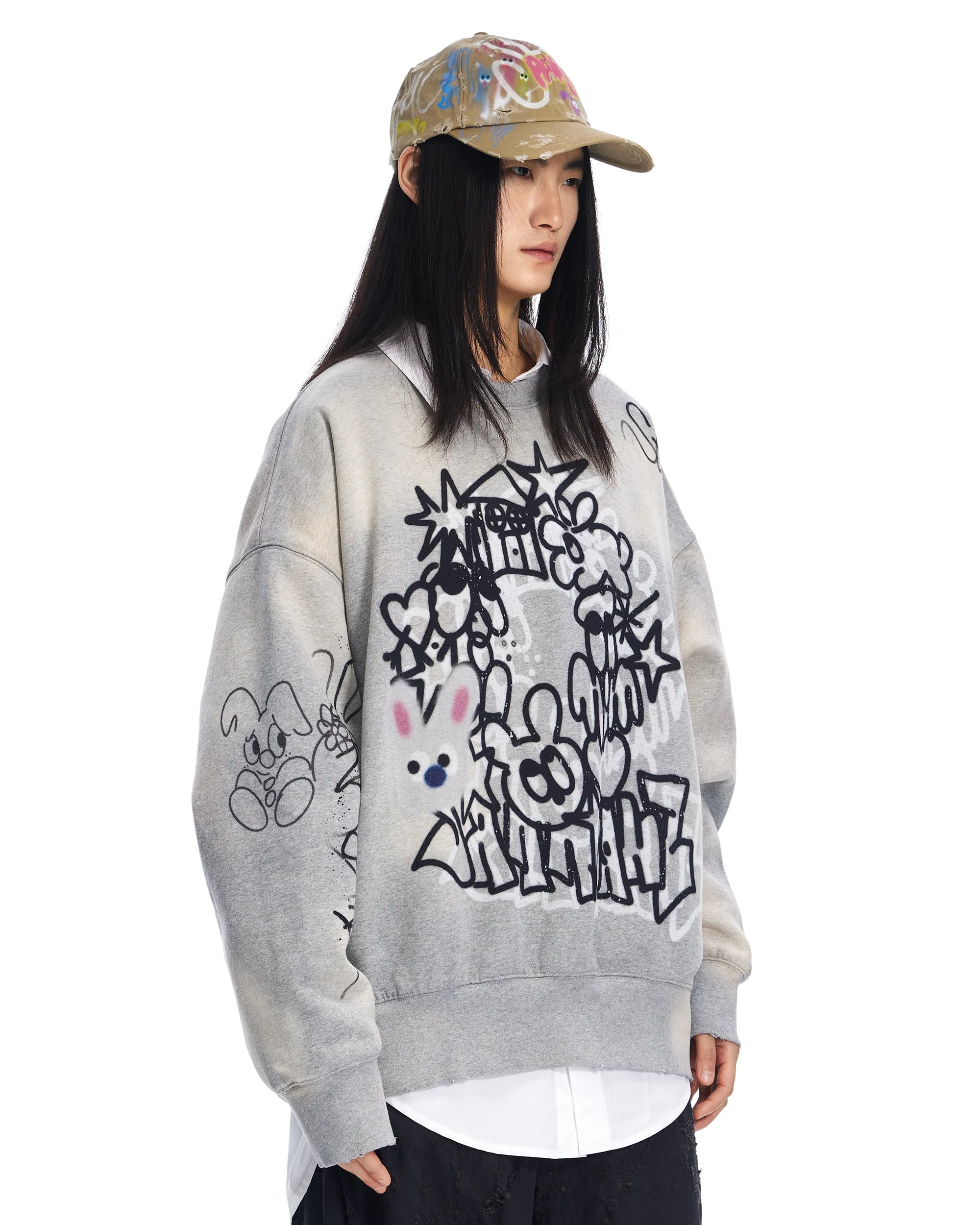 Sankuanz Bumpy Graffiti Print Bleached Crewneck Grey