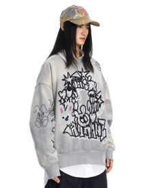 Sankuanz Bumpy Graffiti Print Bleached Crewneck Grey