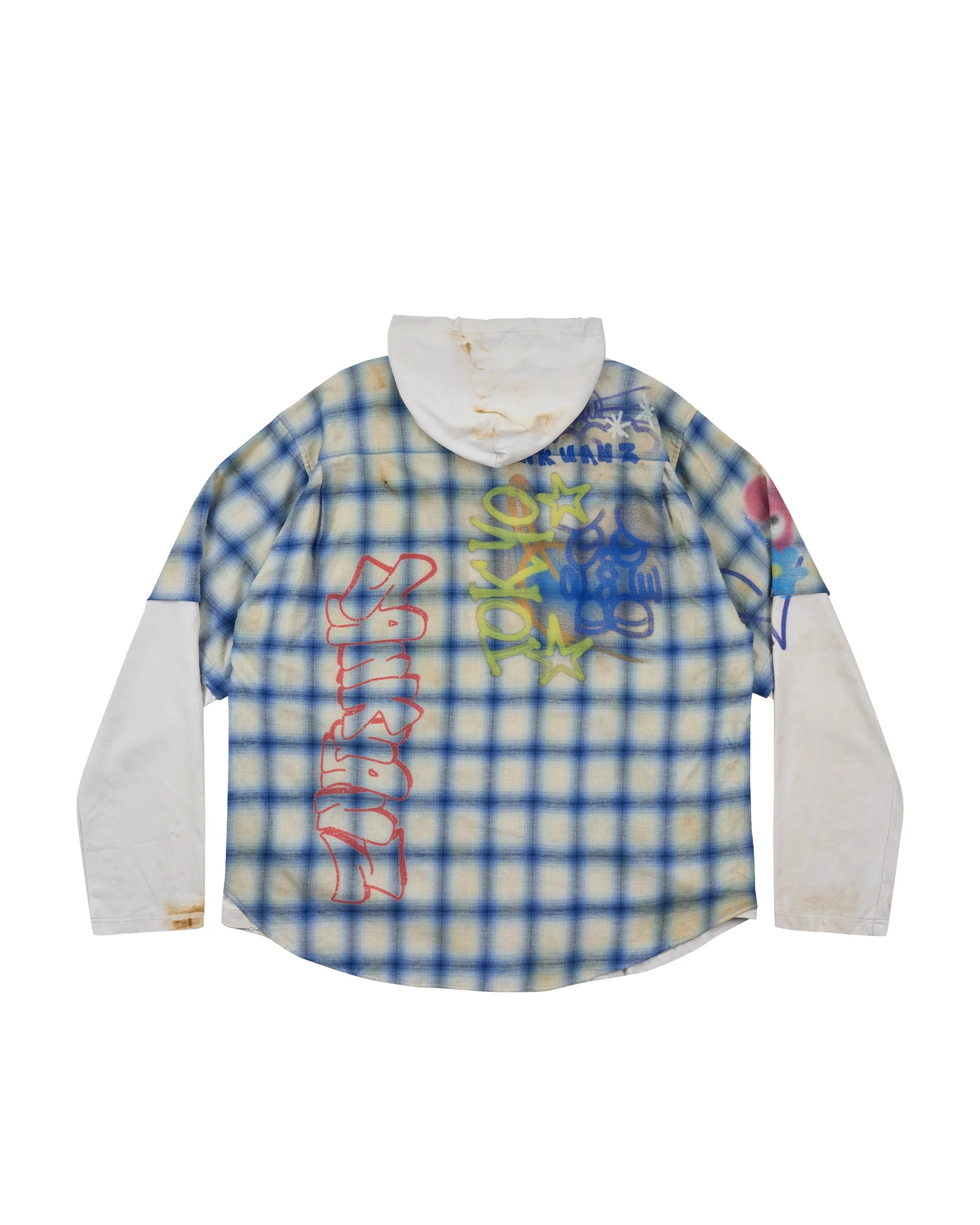 Sankuanz Bumpy Graffiti Print Layered Plaid Hooded Sweatshirt Navy