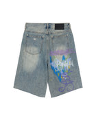 Sankuanz Bumpy Graffiti Print Washed Denim Shorts Navy