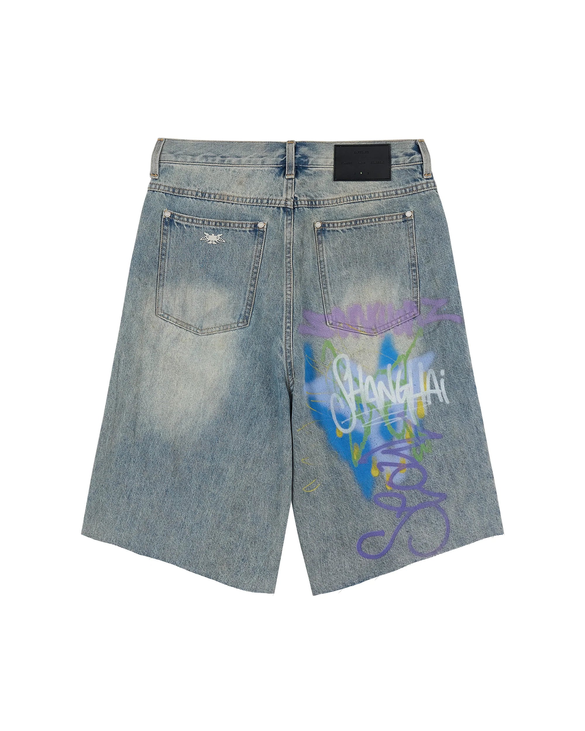 Sankuanz Bumpy Graffiti Print Washed Denim Shorts Navy