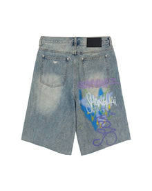 Sankuanz Bumpy Graffiti Print Washed Denim Shorts Navy