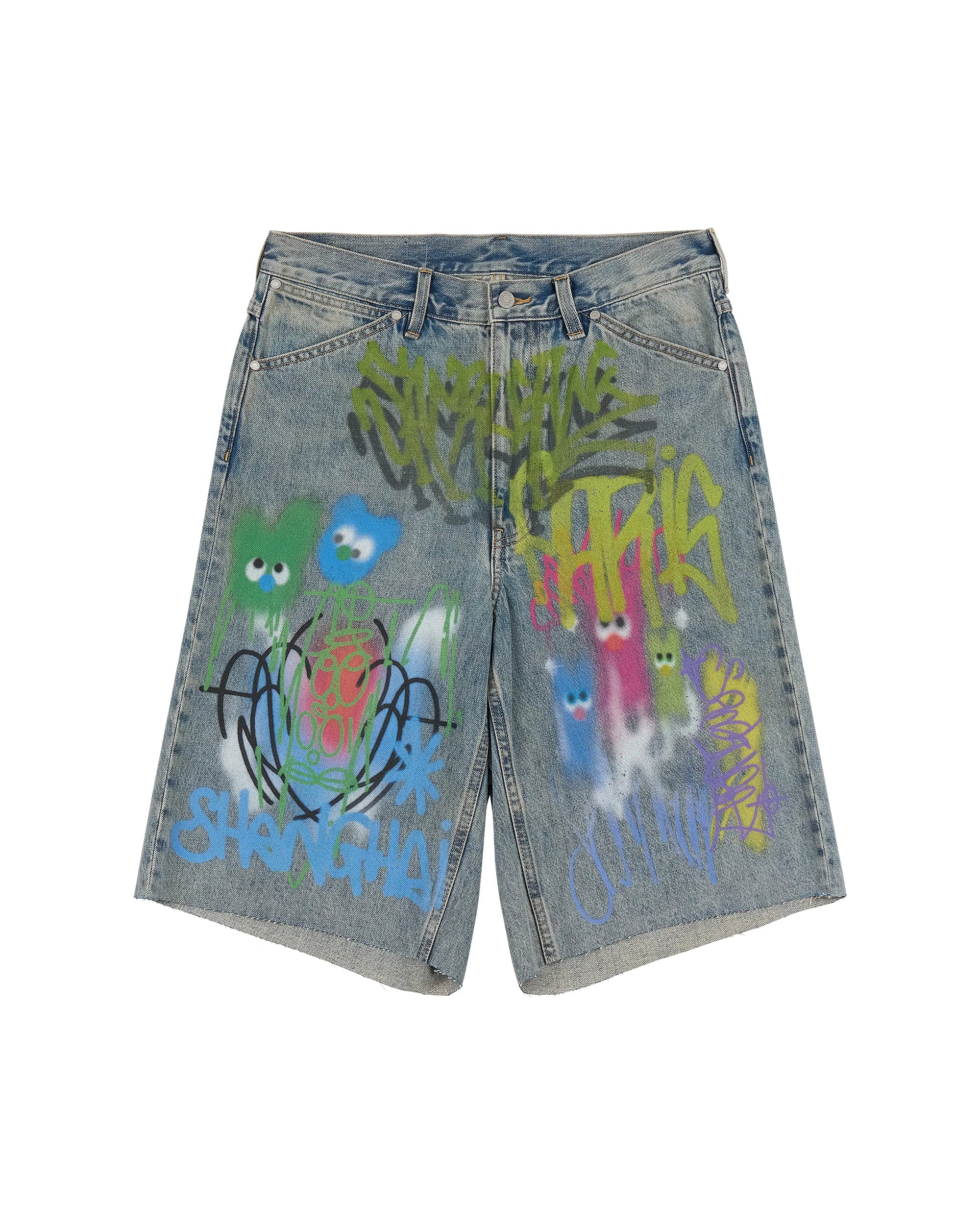 Sankuanz Bumpy Graffiti Print Washed Denim Shorts Navy