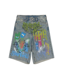 Sankuanz Bumpy Graffiti Print Washed Denim Shorts Navy