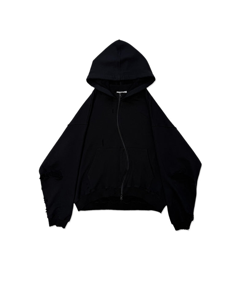 FFFPOSTALSERVICE Curved Zip Round Hem Hoodie Damaged Black