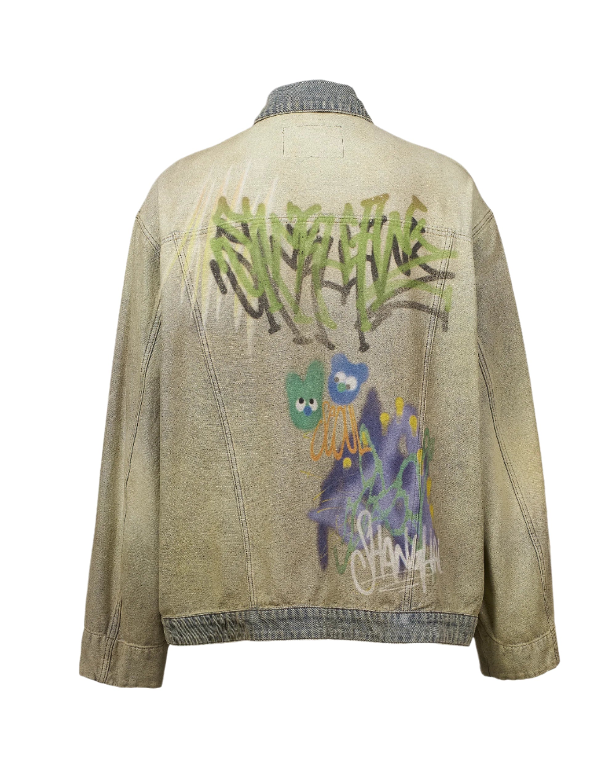 Sankuanz Bumpy Graffiti Print Oversized Denim Jacket Indigo