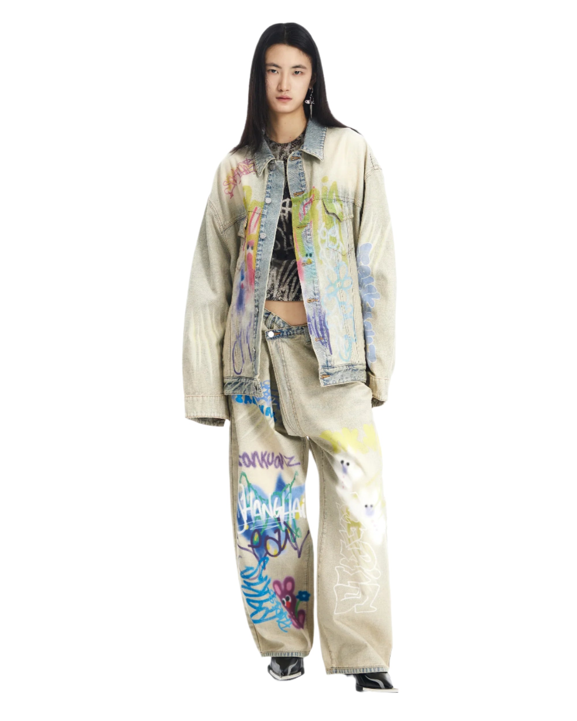 Sankuanz Bumpy Graffiti Print Oversized Denim Jacket Indigo