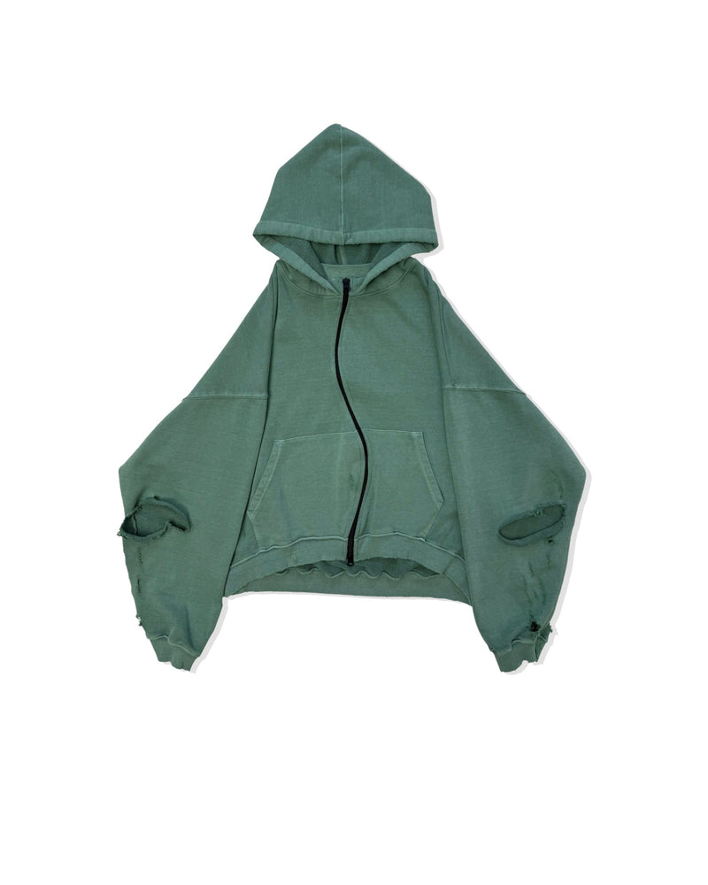 FFFPOSTALSERVICE Curved Zip Round Hem Hoodie Damaged Tokyo Green