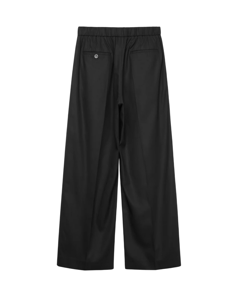 VAVA STORE pet-tree-kor Gaze black cotton pants with elastic waistband, front pleats, and back welt pockets.
