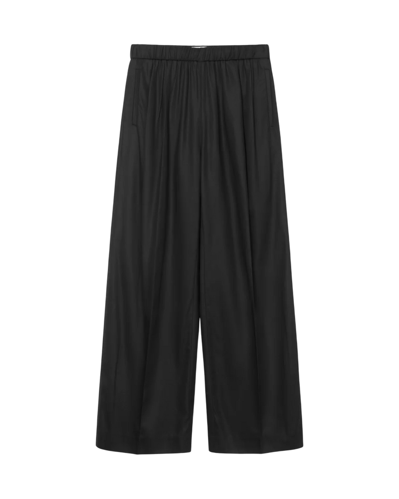 VAVA STORE pet-tree-kor Gaze black cotton pants with elastic waistband, front pleats, and relaxed fit.